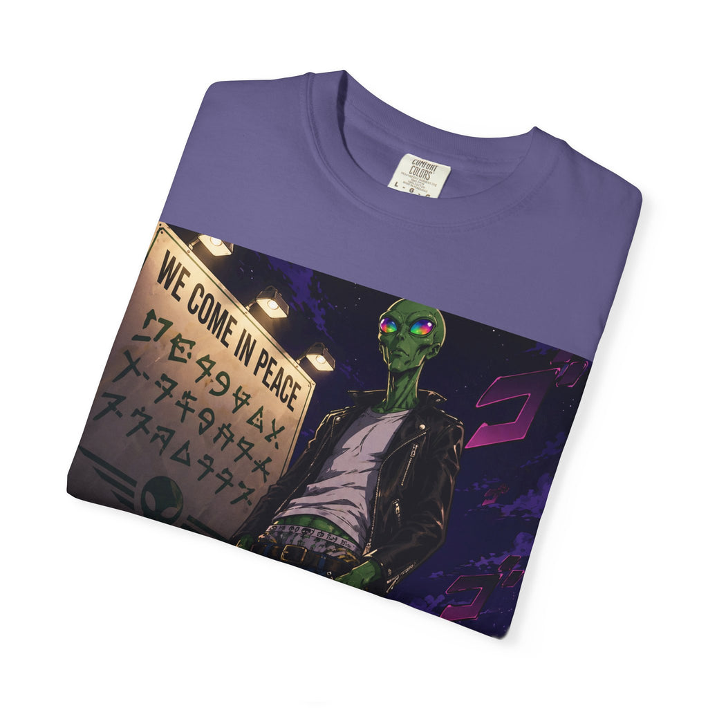 Alien Rebel Illustration T-Shirt | Night Cityscape, 'We Come in Peace' Sign