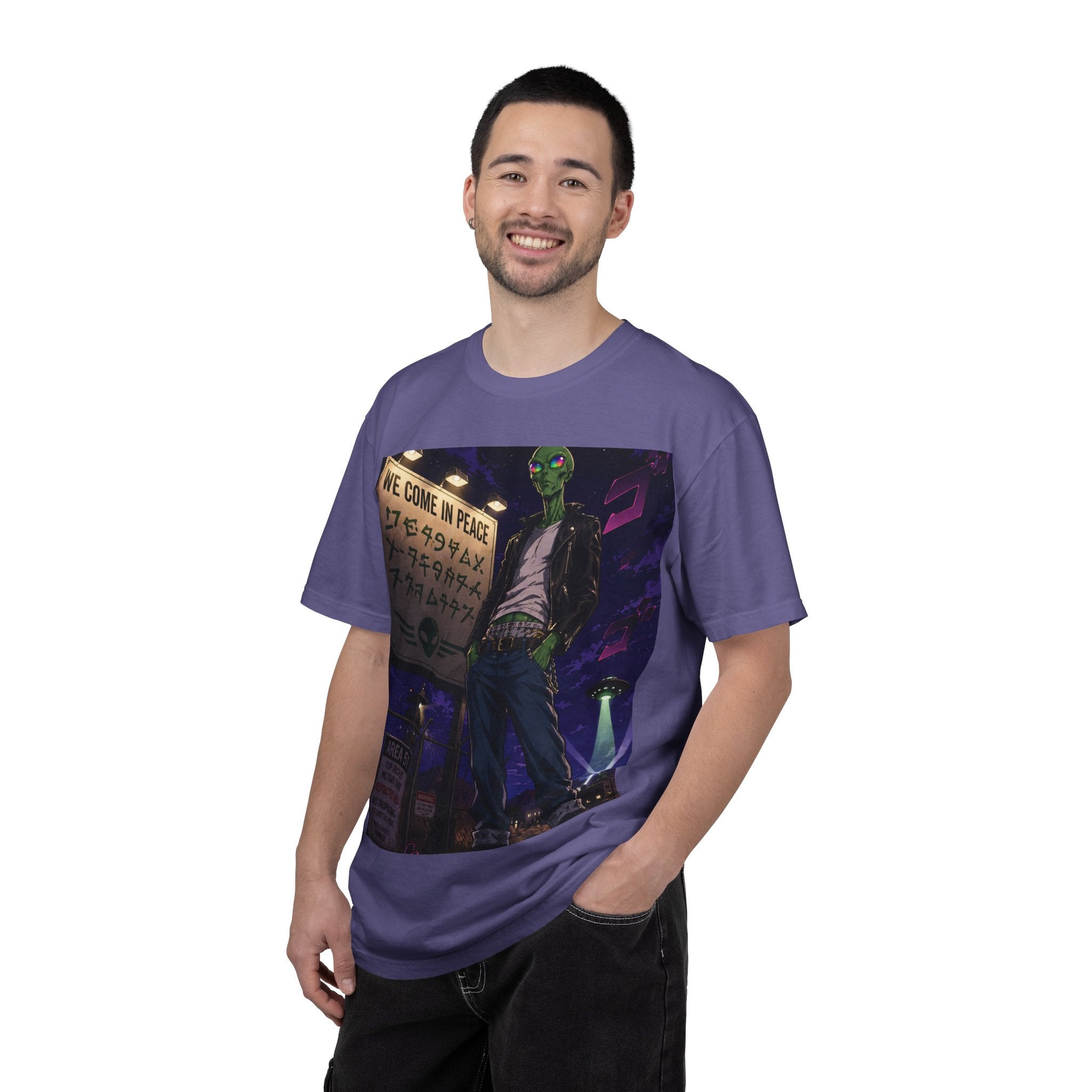 Alien Rebel Illustration T-Shirt | Night Cityscape, 'We Come in Peace' Sign