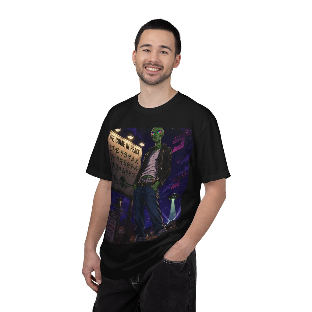 Alien Rebel Illustration T-Shirt | Night Cityscape, 'We Come in Peace' Sign