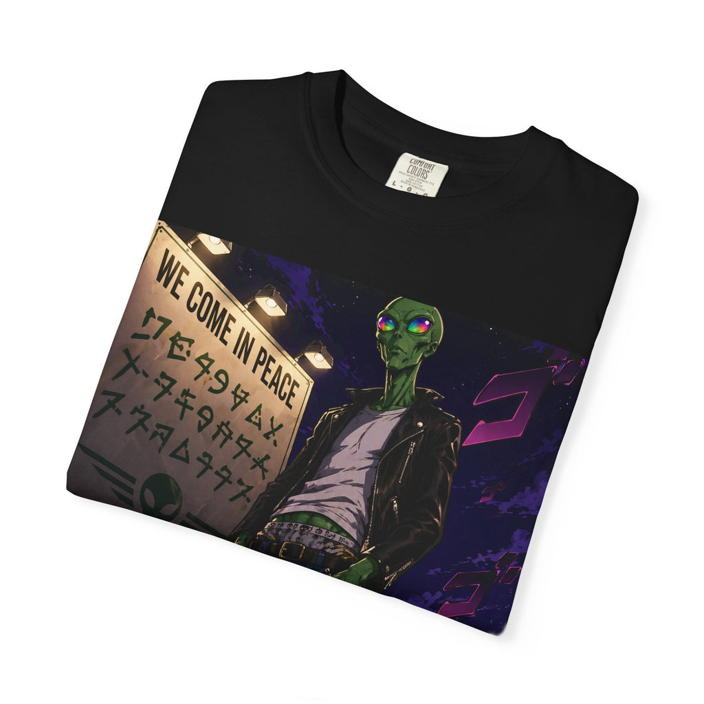 Alien Rebel Illustration T-Shirt | Night Cityscape, 'We Come in Peace' Sign