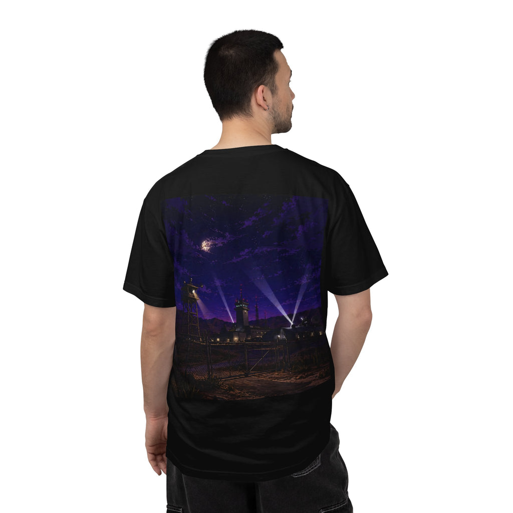 Alien Rebel Illustration T-Shirt | Night Cityscape, 'We Come in Peace' Sign