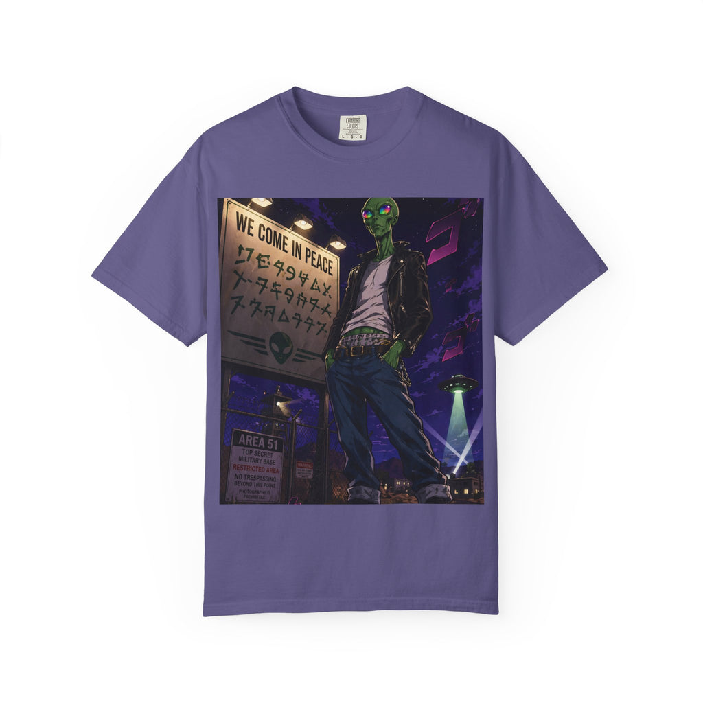 Alien Rebel Illustration T-Shirt | Night Cityscape, 'We Come in Peace' Sign
